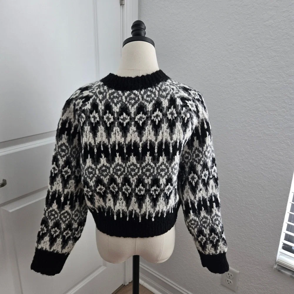 J. Crew Womens Fair Isle Cardigan Sweater Black White Wool Alpaca CE714 Size S